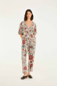 Jumpsuits Playsuits: Farm Rio V Neckline Short Sleeve Jumpsuit - Francesca Sand