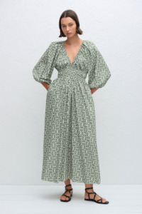 Designer Nz Matteau: Matteau Shirred Plunge Button Dress - Vetiver