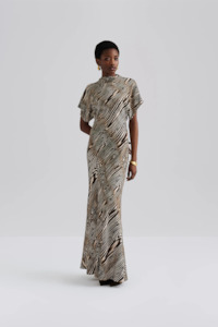 Maxi Dress: Malina Alivia Short Sleeve Satin Maxi Dress - Moire