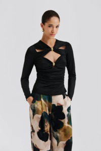 Malina Amela Embellished Long Sleeve Jersey Top - Black