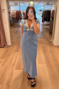 Dresses Nz: Rixo Amari Dress - Bud Embroidery Blue