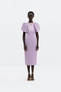 Dresses Nz: Malina Zindy Fitted Pouf Sleeve Midi Dress - Lavender