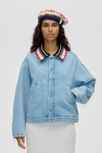 Womens Jackets Nz: Stine Goya Collared Cropped Bomber - Denim Blue
