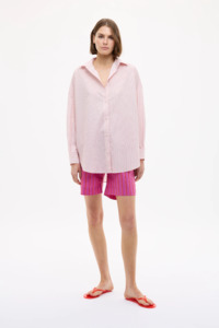 Tops Shirts: LMND Mara Oversized Long Sleeve Shirt Stripe - Primrose Pink/Natural/True Red
