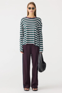 Bassike Stripe Boyfriend LS T-shirt - Dark Forest/Burgundy/White
