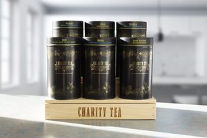 Products: Display Starter Pack - 6 Tins of Organic Tea Bags with Pine Display Stand - Charity Tea