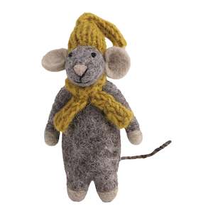 Gifts: Grey Mouse with Yellow Hat & Scarf - Felted Decoration