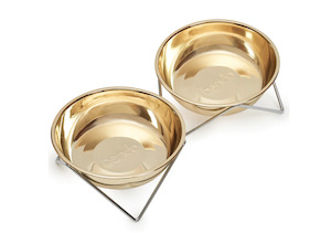 Woof Woof Double Dog Bowl - Chrome Base/Gold Bowls