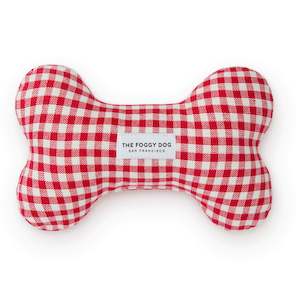 Play: Red Gingham Squeaky Bone Dog Toy