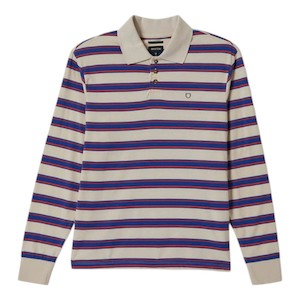 Long Sleeve T Shirt: Brixton Vintage Stripe Polo Knit - Blue/Flame/Whitecap
