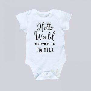Personalised Baby Onesie . Hello World . Cheeky Monkeys