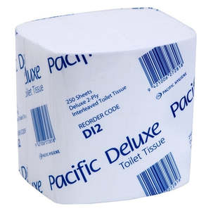 Systems Toilet Tissue: Pacific Hygiene Deluxe 2 Ply Interleaved Toilet Tissue - 250 sheets/pack, 36 packs/case