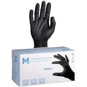 Disposable Clothing: Matthews Diamond Grip Black Nitrile Gloves, Powder Free, 240mm Cuff, 9.0grm