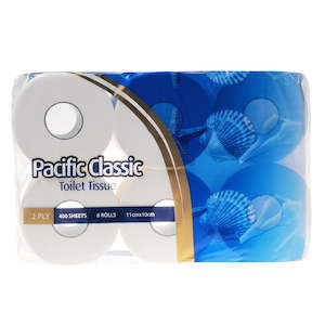 Rolled Toilet Tissue: Pacific Hygiene Classic 2 Ply Toilet Roll - 400 sheets/roll, 6 rolls/pack x 8 packs/case