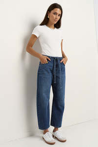Denim Jeans: Campus Tie Waist Barrel Jeans - Deep Blue