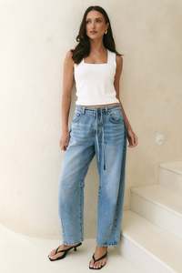 Campus Tie Waist Barrel Jeans - Light Blue