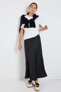 Rosette Satin Bias Midi Skirt - Black