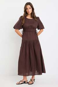Glory Linen Puff Sleeve Midi Dress - Chocolate