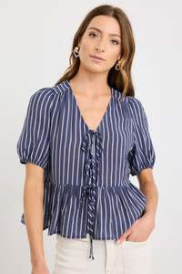 Stories Be Told: Restore Peplum S/S top - Navy Stripe