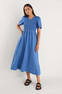 Re Union: Wren Linen Blend S/S Bodice Midi Dress - Cornflower Blue