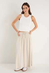 Re Union: Byron Shirred Waist Maxi Skirt - Natural Linen