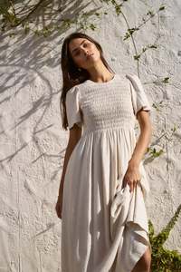 Wren Linen Blend S/S Bodice Midi Dress - Natural