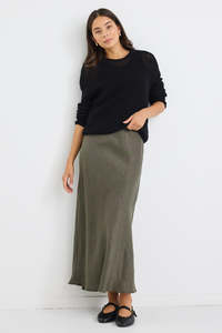 Re Union: Bliss Linen Bias Midi Skirt - Khaki