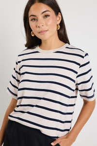Re Union: Binding Boxy Tee - Ecru Navy Stripe