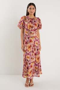 Georgia Mae: Exquisite Puff Sleeve Midi Dress - Pink Multi Floral