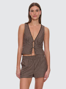 Thrills Womens: State Of Mind Check Top - Postal Brown