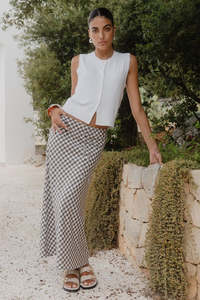 Summit Cotton Blend Tie Waist Bias Maxi Skirt - Chocolate Gingham