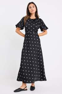 Stories Be Told: Stage Puff Sleeve Floaty Dress - Black Polka Dot