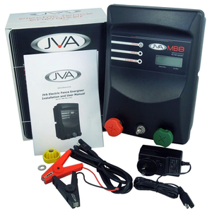 Products: JVA MB8 Mains/Battery Electric Fence IP Energiser + 100W Solar Kit - Chicken Coops and Tractors Australia