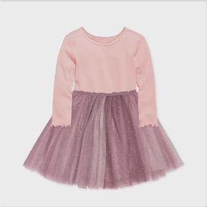 Child Girl 1: Long Sleeve Ribbed Tulle Dress Dusty Pink
