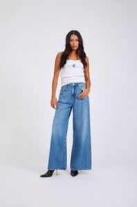 Womens Jeans: Love Machines Mid Waist Super Wide Leg Denim Jeans - Bright Blue