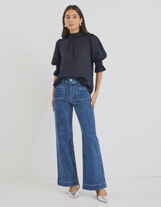 Womens Tops: Verse Sheer High Neck SS Top - Navy