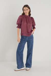 Womens Tops: Verse High Neck Short Sleeve Top - Burgundy Plum Sheer