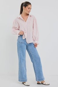 Connection Button Front Blouse - Pink Stripe