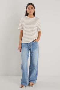 Womens T Shirts: Binding White Natural Stripe Boxy Fit Tee - White Natural Stripe