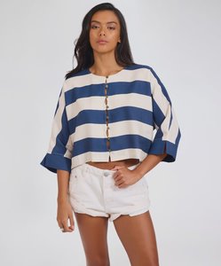 Womens Tops: Blue Vista Linen Cropped Batwing Top - Bue Cream