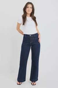 Zoey Indigo Petite High Rise Wide Leg Pocket Jean - Short Leg
