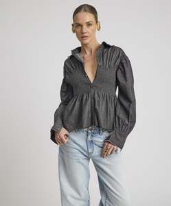 One Teaspoon: Cafe Terrace Shirred Chambray Shirt - Black