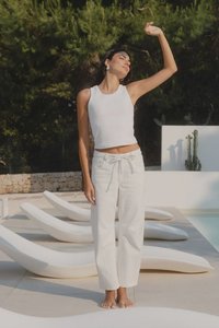 Womens Jeans: Campus Ecru Tie Waist Barrel Jeans - Ecru