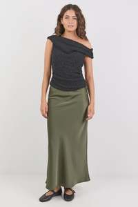 Rosette Khaki Satin Bias Midi Skirt