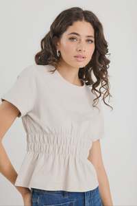 Womens T Shirts: Svelte Stone Shirred Detail SS Tee - Stone