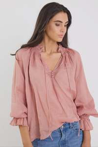 Womens Tops: Odyssey Blush Shirred Neck Button Long Sleeve Top