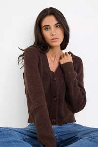 Womens Tops: Essence Chocolate V Neck Rib Knit Cardigan