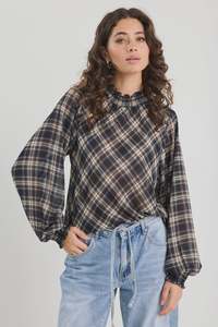 Womens Tops: Embrace Black Check Chiffon Shirred Neck LS Top