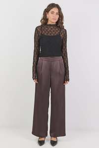 Womens Pants: Grandeur Chocolate Satin Elastic Back Wide Leg Pants