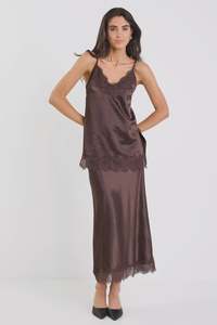 Margarita Chocolate Satin Lace Trim Bias Maxi Skirt
